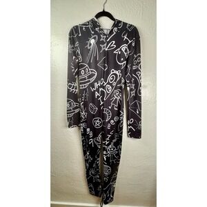 Alien UFO Graphic Print Hooded Long Sleeve Bodysuit Jumpsuit Rave E-girl Kidcore